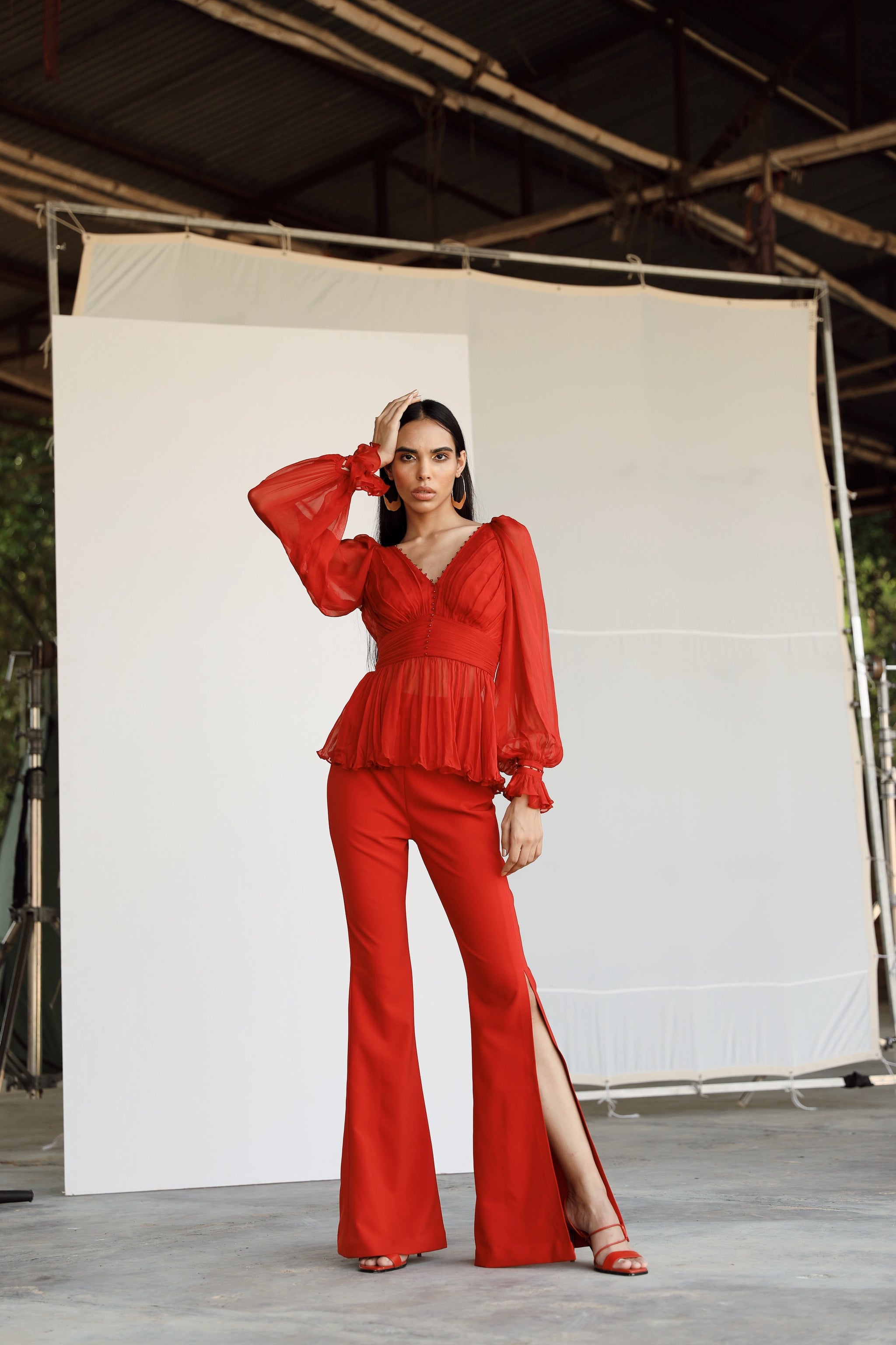 Lumignon Cherry scarf peplum top【レッド】 Cherry scarf peplum top