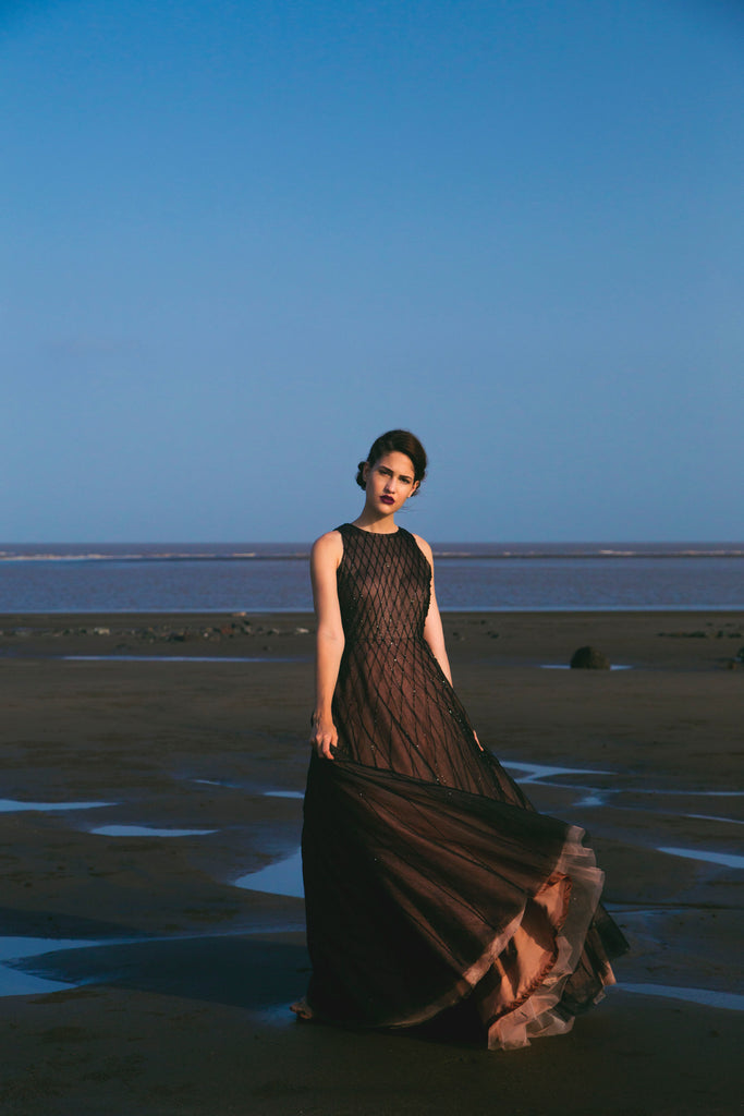 Black Criss Cross Embellished Net Ball Gown
