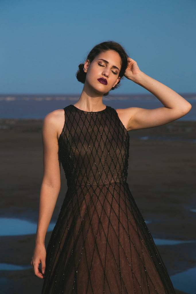 Black Criss Cross Embellished Net Ball Gown