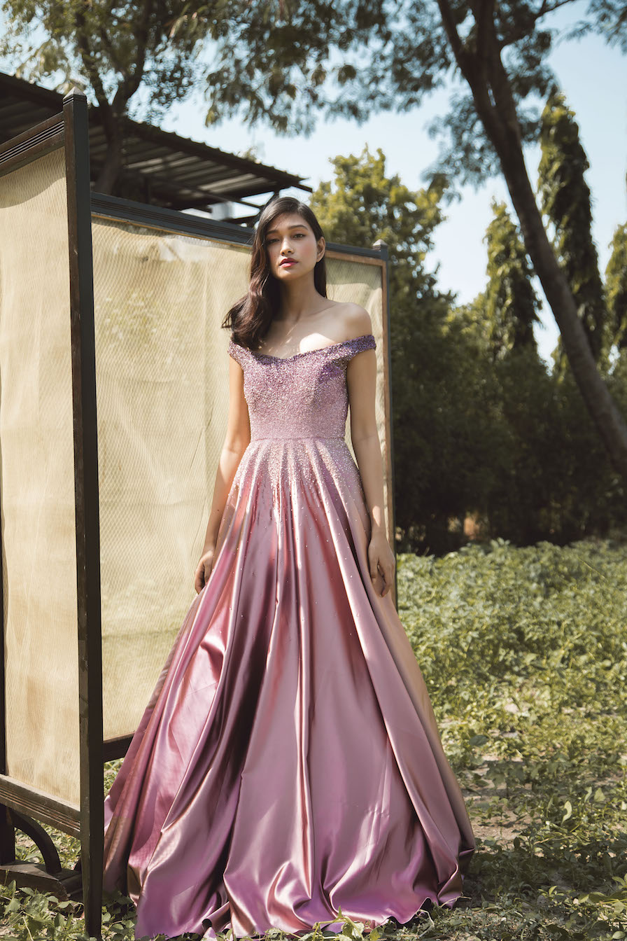 MAUVE BALL GOWN WITH FRILL DUPATTA – Ricco India