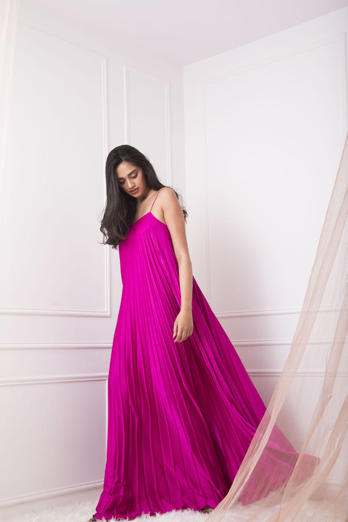 Bright Pink Heat Pleated Spaghetti Gown