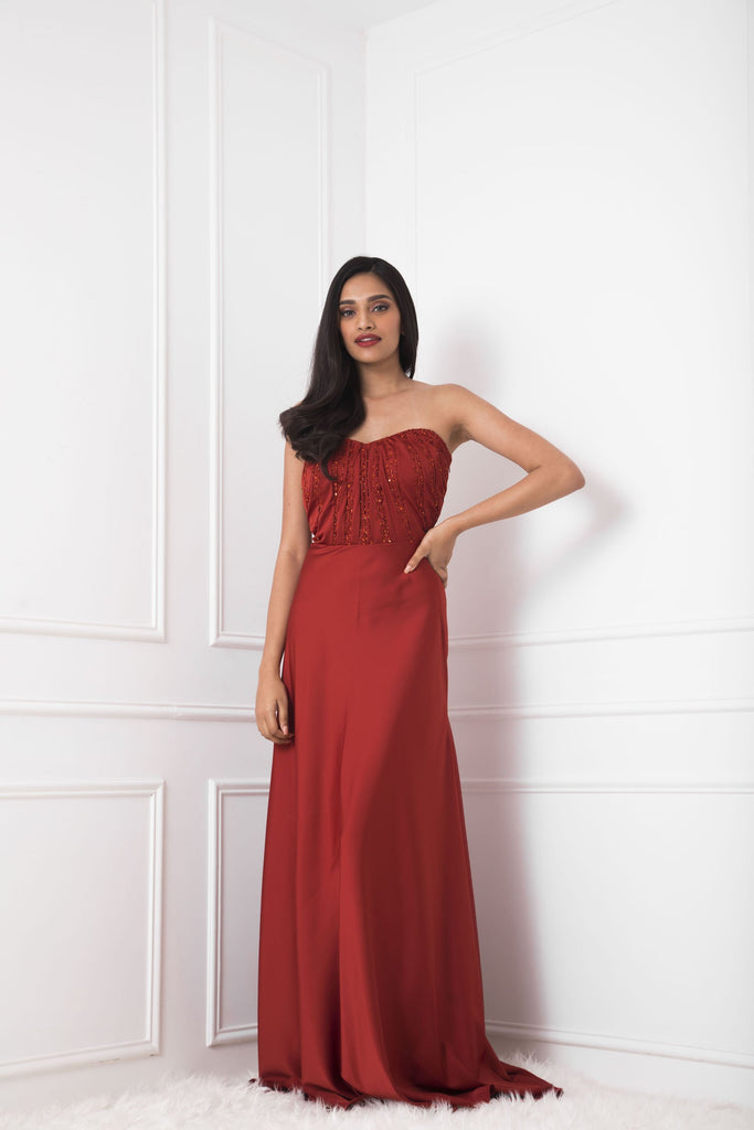 Rust Silk Tube Gown with Embellishment