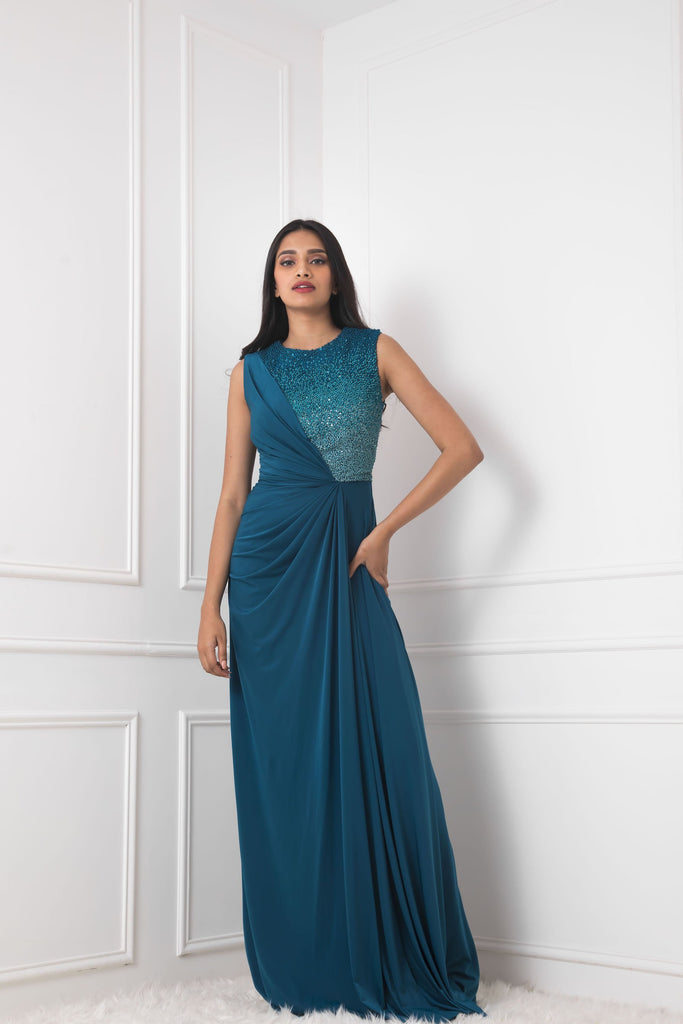 Teal Draped Gown with Ombre Embellishment