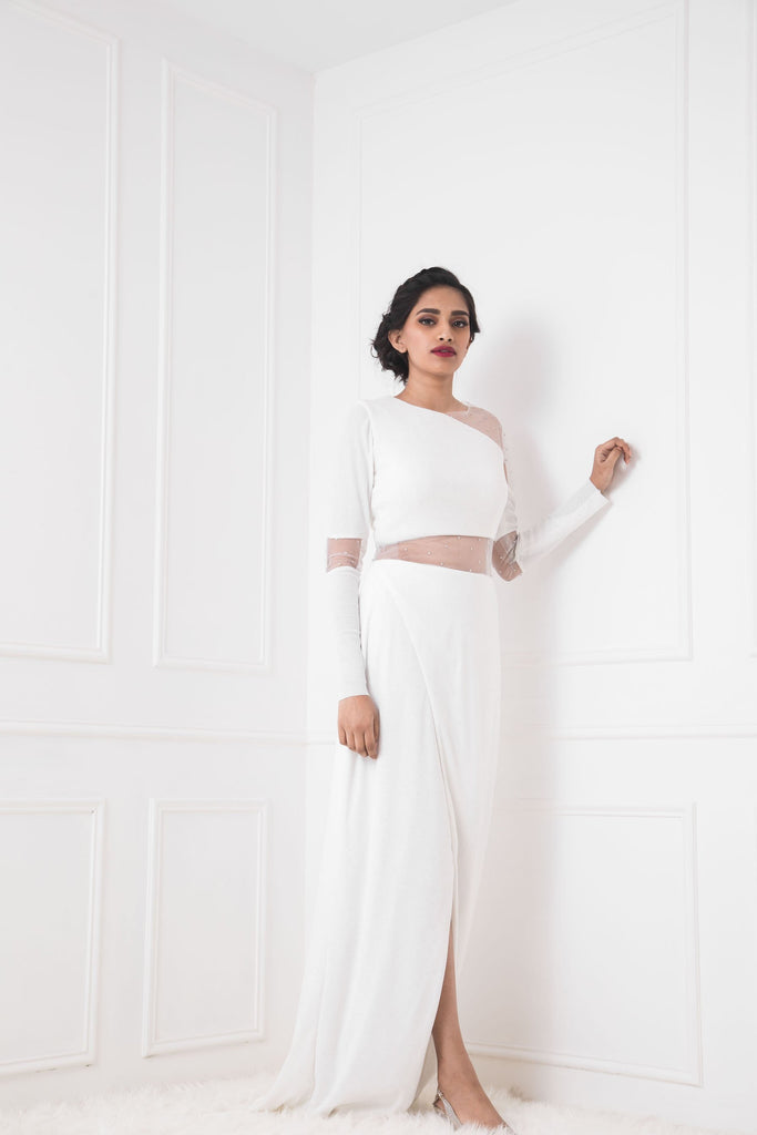 White Embellished Sheath Gown with Sheer Waist