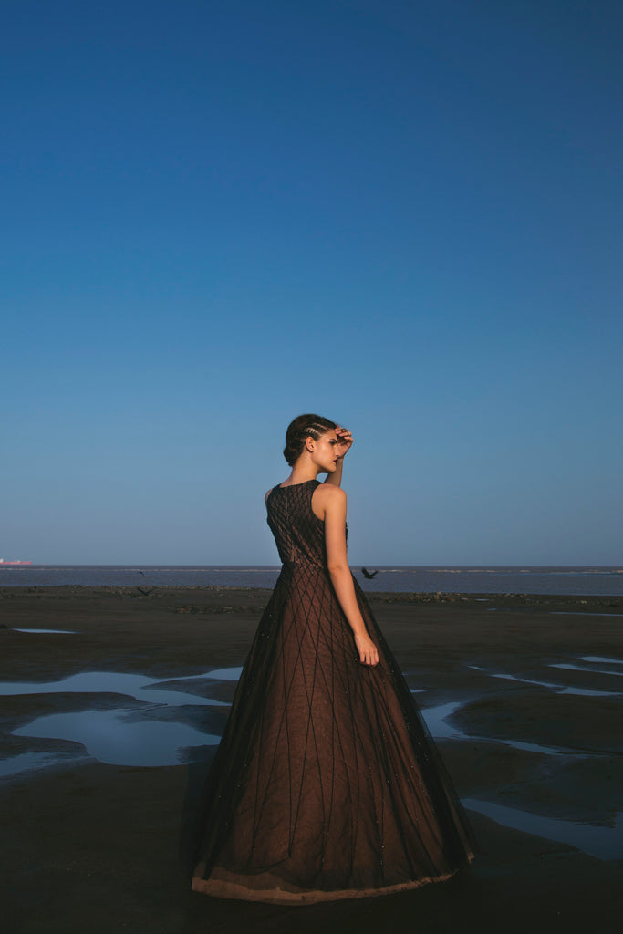 Black Criss Cross Embellished Net Ball Gown
