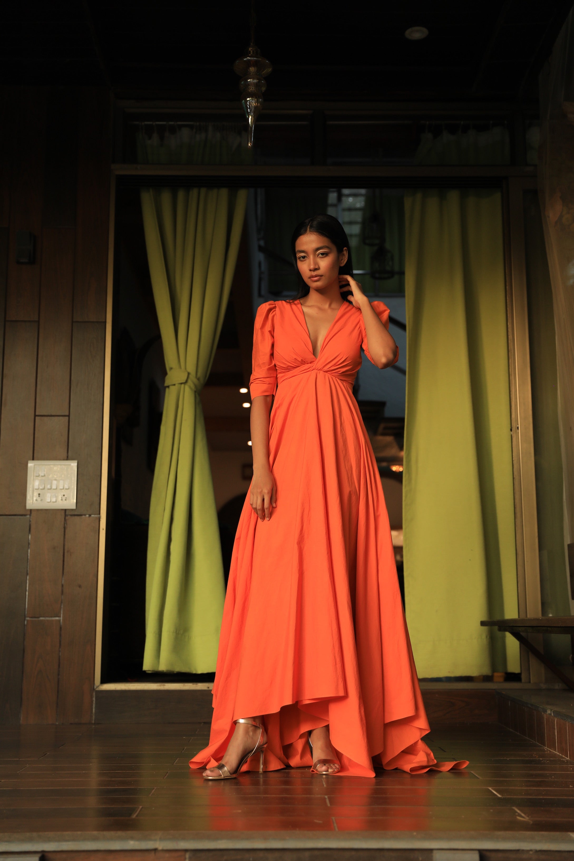 orange one piece dress Orange Fitted Knit Maxi Dress for Women