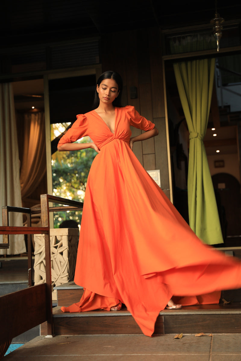 Orange dress with a plunging draped neckline and cut out back – Zwaan